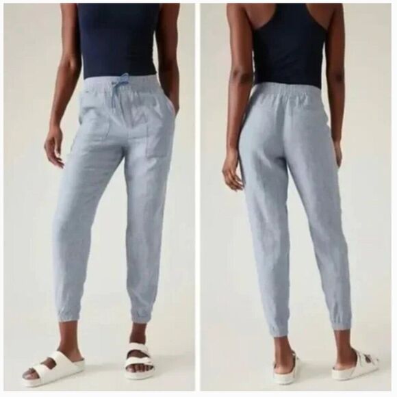 Athleta Retreat Linen Jogger Pants Linen Chambray Blue 14 - Picture 1 of 7